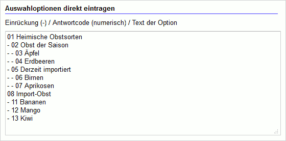 Auswahloptionen direkt eingeben