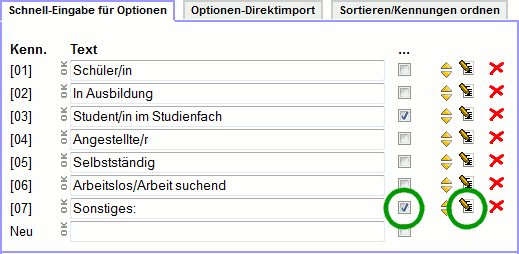 Schnell-Eingabe für Optionen