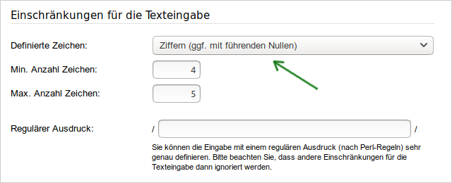 Einstellungen für das Format einer offenen Texteingabe