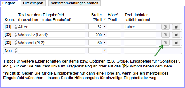 Detaileinstellungen für ein Eingabefeld aufrufen