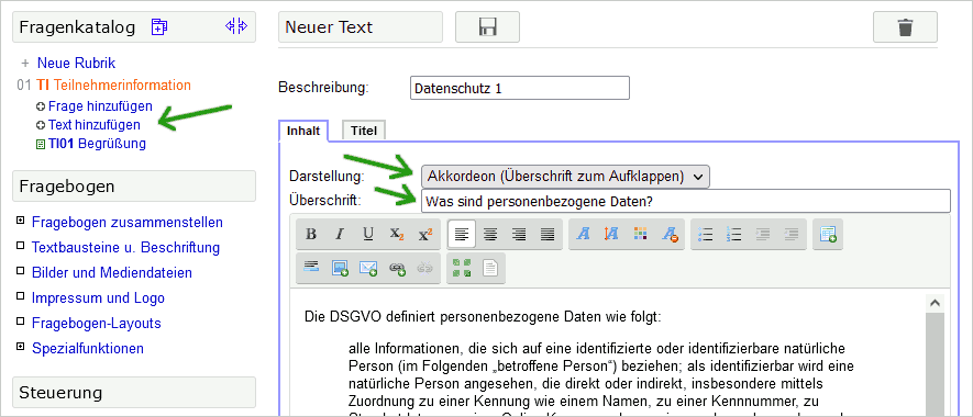 Text für Akkordeon erstellen