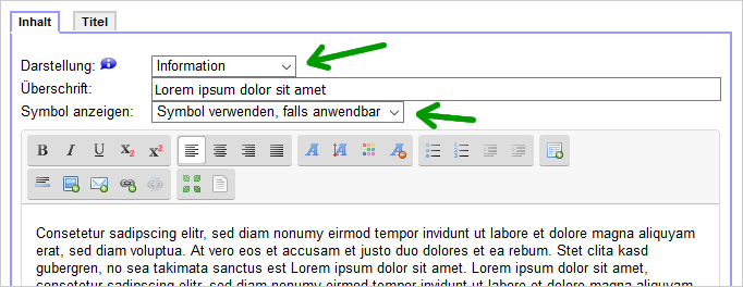 Textbaustein als Information formatieren