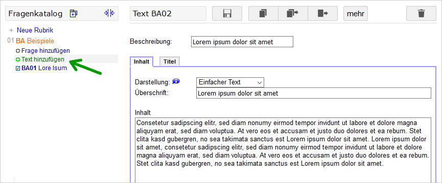 Text im Fragenkatalog anlegen