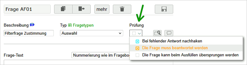 Auswahloption für Pflichtfragen