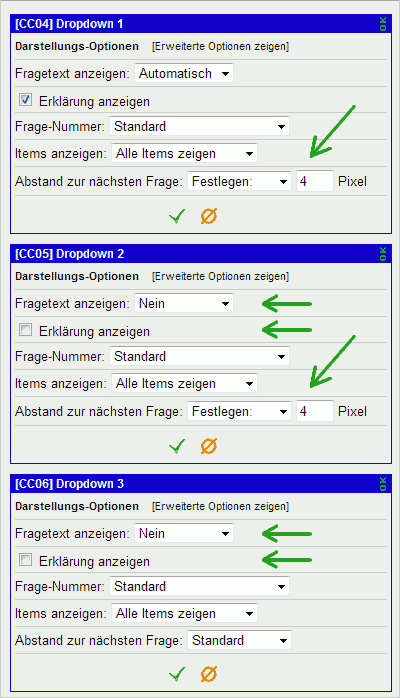 Anzeige-Einstellungen für mehrere aneinandergehängte Fragen