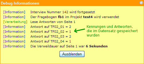 Debug-Information beim Testen des Fragebogens