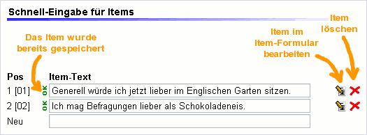 Schnelleingabe für Items und Optionen