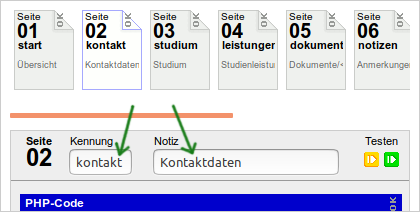 Seitenkennung und Notiz eintragen