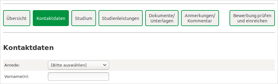 Example for a navigation menu in the questionnaire