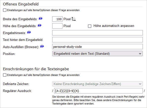 Einstellungen für das Texteingabefeld