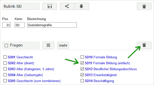 Mehrere Fragen aus einer Rubrik löschen