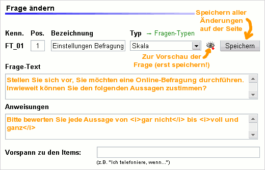 Einstellungen für die Frage