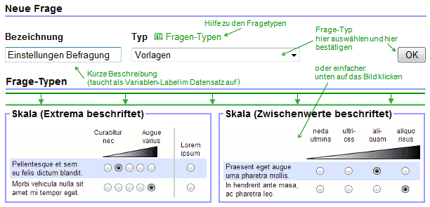 Auswahl des Fragetyps mit den Symbol-Bildern unten