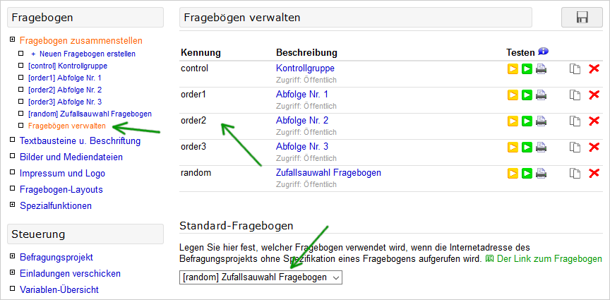 Questionnaires for random selection