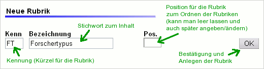 Einstellungen für eine neue Rubrik