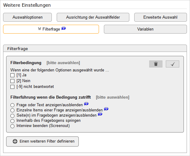 Formular zum definieren eines Frage-Filters