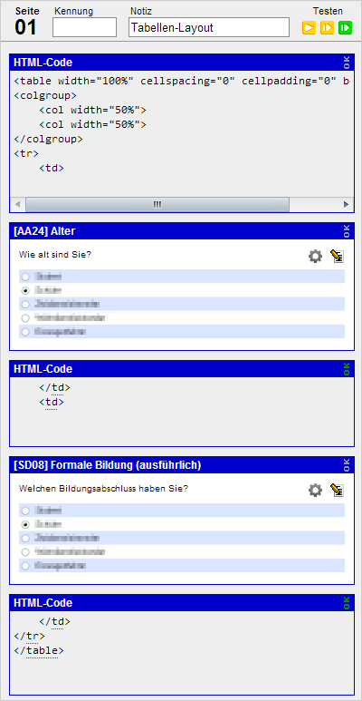 Fragebogen-Elemente um Elemente nebeneinander zu platzieren