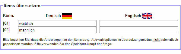 Items und Optionen übersetzen