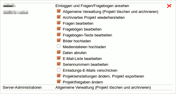 ====== Gemeinsam auf Befragungsprojekte zugreifen ======

An einem Befragungsprojekt sollen mehrere Personen arbeiten? Dafür können Sie ein Befragungsprojekt einfach mehreren Benutzerkonten zuordnen. Alles, was Sie dafür benötigen, sind die Login-Namen (Benutzernamen) der anderen Benutzerkonten.

  - Wählen Sie im Menü **Befragungsprojekt** -> **Projekt-Einstellungen** -> Karteireiter //Freigabe//
  - Tragen Sie bei //Freigabe erzeugen für// den Login-Namen des Benutzers ein, der auf das Befragungsprojekt zugreifen darf und bestätigen Sie (unten) mit //OK//.
  - SoSci Survey ordnet das Befragungsprojekt nun zusätzlich dem angegeben Benutzerkonto zu und erteilt dem Benutzer einige Zugriffsrechte. Der Benutzer sieht das Projekt nun im **Benutzerkonto** als wäre es sein eigenes.
  - Passen Sie die Berechtigungen (z.B. zum Bearbeiten von Fragen oder zum Herunterladen der Daten) ggf. noch an. Um dem neuen Benutzer die gleichen Zugriffsrechte zu gewähren, wie Sie haben, markieren Sie alle Optionen. Bestätigen Sie erneut mit //OK//.


===== Eigene Freigabe löschen =====

Der Benutzer, dem das Befragungsprojekt freigegeben wurde, kann das Projekt wieder verlassen. Dafür reicht ein Klick auf den roten Pfeil ({{:button.leave.gif?nolink|Knopf: Befragungsprojekt verlassen