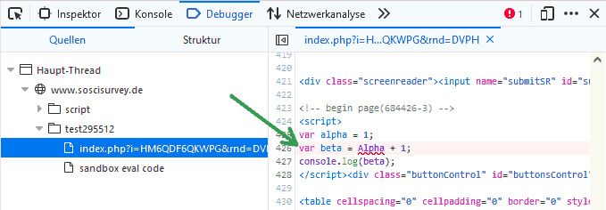 Fehlerhafte JavaScript-Zeile im Debugger