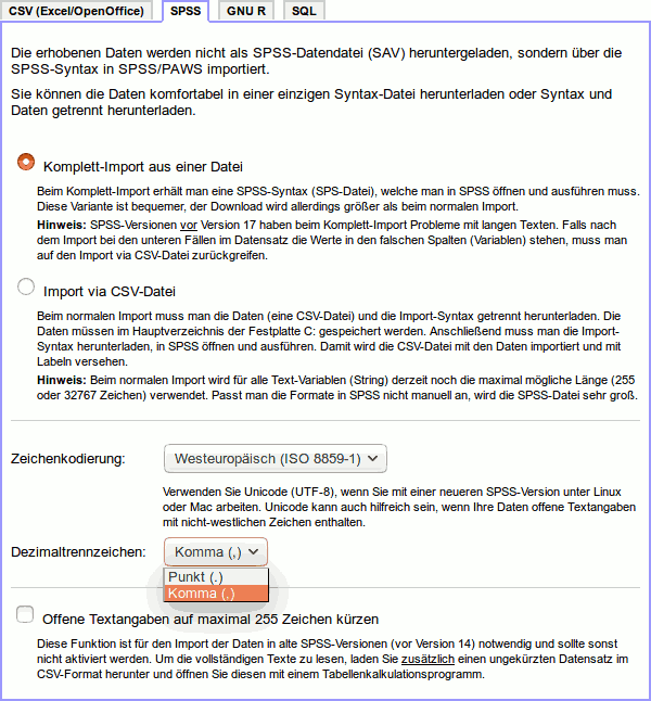 Konfiguration des Dezimaltrennzeichens beim Herunterladen der erhobenen Daten