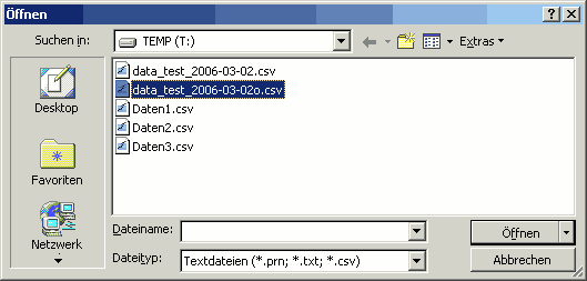 Auswahl der Datei in Excel