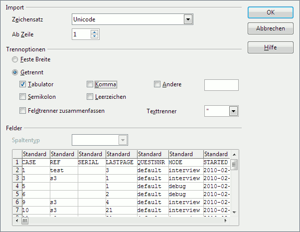 Import-Dialog in OpenOffice Calc