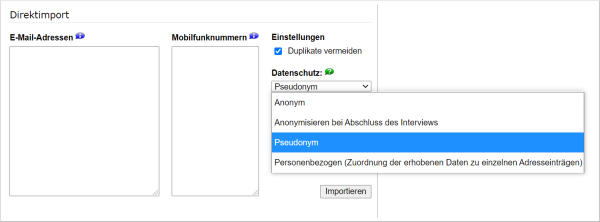 Auswahl des Datenschutzmodus unter Adressen importieren
