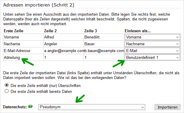 Import der E-Mail-Adressen aus einer CSV-Datei