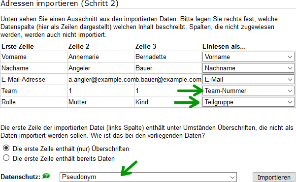 Import of address data from a CSV file with team number