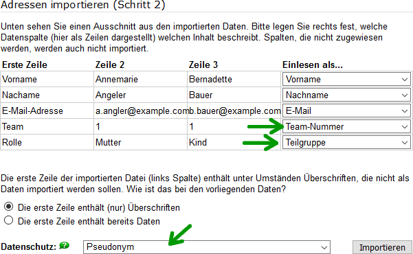 Import von Adressdaten aus einer CSV-Datei mit Team-Nummer