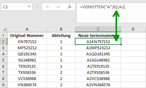 Ergänzung von Teilnahmecodes um ein Präfix in Excel