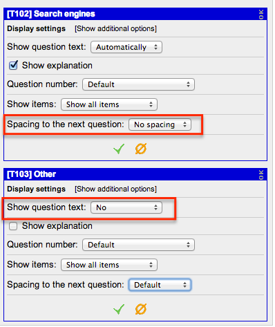 Display settings for concatenating questions