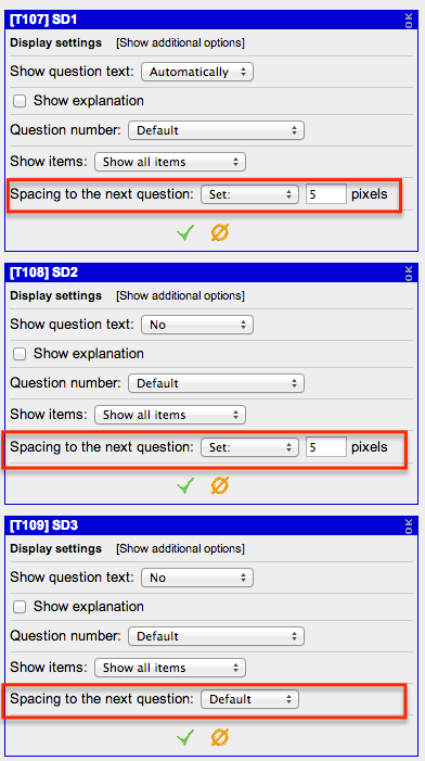 Display settings for several concatenating questions