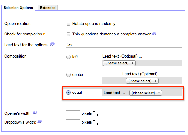 Question selection options